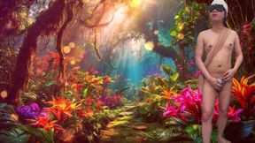 A flowery magical forest world with our asian boy in underwear and his penis sneaking out