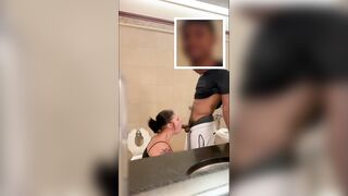 White sluts Drool and Gag all over big black cock inside Mall Toilet