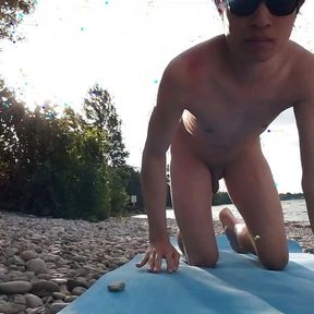 Slender nudist boy does yoga nude on a naturist beach. Naked yoga video by Jon Arteen gay porn model  Skinny naturist twink prac