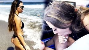 Amateur couple's public beach blowjob nearly gets them caught