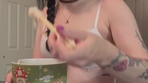 eating noodles in my bra and skirt