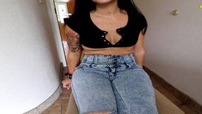 bound sushii wetting her skintight jeans on chair