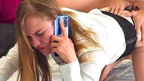 A slut cheats on her cuckold husband by having sex with a guy and talking on a cell phone