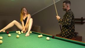 on the billiard table, a juicy beauty was getting punched in the holes