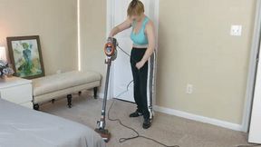 Vacuuming in Sports Bra and Adidas Track Pants