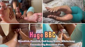 Huge BBC vs Brazilian Big Feet: FootJob and  Handjob, Red Long Nails,  White Long Toenails