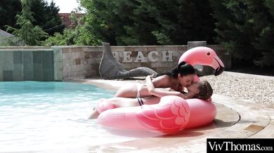 Blue-eyed brunette bathes her lover until the pool water gets thick with cum