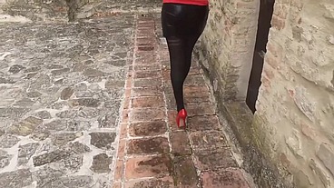 Milf walks in pantyhose and high heels