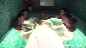 Old man and 4 boys in jacuzzi