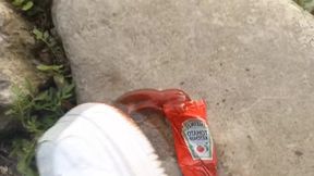 White AF1s get stomped and mashed by boy crushes ketchup packet sockless