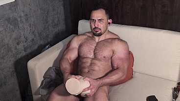 Jacked Bodybuilder Strokes Thick Cock and Fucks Pussy Toy