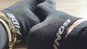 Feet JOI at my highly arched feet wearing black ankle BONAFIDE socks