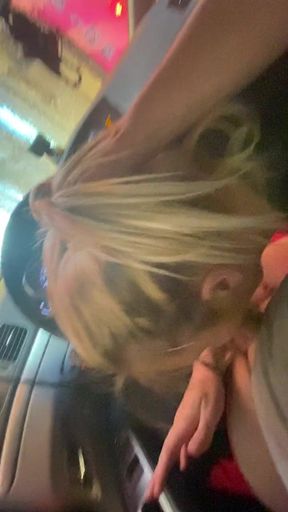 Blonde In Glasses Sucks It During Car Wash