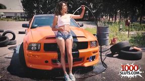 Brunette teen washing my car naked