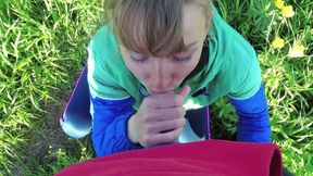 Risky outdoor blowjob and cum in mouth in the park. Amateur couple. Pov