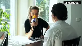 Mature blonde German EXPERIENCED LADY interviews him at the table before begging for
