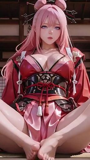 Crimson Samurai! Pink-haired Warrior Kneeling on Tatami, High-slit Kimono Slipping to Reveal Snowy Thighs.