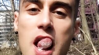 Chewing and swallowing own cum outdoors