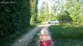 in stockings thong and corset pissing by the road cars pass