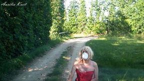 in stockings thong and corset pissing by the road cars pass