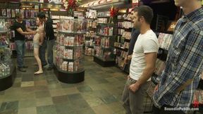 Hot Gym Trainer Gets Tied up and Gang Fucked in a Porn Store