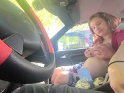 Public hand job! Risky!!! She swallows up all the cum!