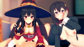 Intimate, raunchy, three-way romp with gorgeous Megumin and radiant Yunyun, culminates in explosive climax&#x1F680;