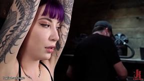 Tiny tits, tattooed purple-haired slave Charlotte Sartre tied to wooden post, spanked and whipped in upside down suspension