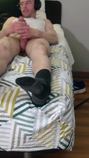 Laying Down on Bed Jerking off with Socks on See My Size 15 and Massive Legs as U