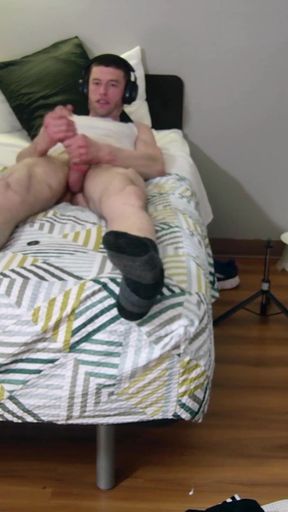 Laying Down on Bed Jerking off with Socks on See My Size 15 and Massive Legs as U