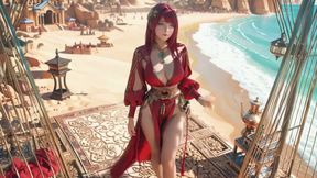 Red Queen in the Desert! Lazy Afternoon in the Golden Palace, Backless Dress slightly damp.