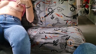 in a train full of people I flash my tits and massage my big tits