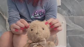 The impatient bear is waiting for Crystal to come and receive the yellow juice from her