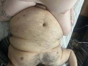 Getting fucked by a fat man makes me cum so hard and fast that I cover his beautiful big belly in squirt within minutes