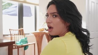 Timid babe Kiana Kumani bouncing on his oversized cock