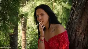 Raven-Haired Adult Elizaveta Teases Outdoors With Red Dress