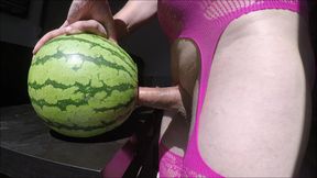 trans fucking a watermelon and cum