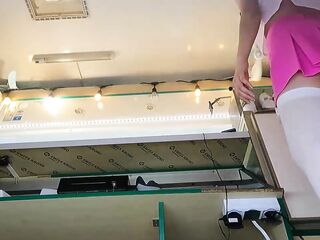 Hawt brunette hair hottie singing and dancing with exposed booty at work