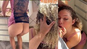 gostosa loira cacheada dancando funk de pijaminha na cozinha