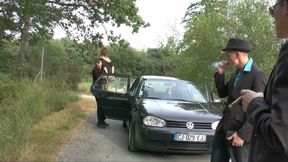 Naughty French couple is having fun outdoors with sexy brunette
