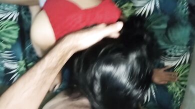 Fucking the mature woman with a huge ass doggy style, creampie without taking off her slutty shorts