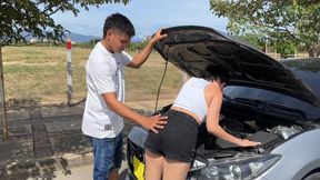 I find a cute girl with her car stranded &mdash;  so I decide to help her in exchange for it she takes me to her apartment and lets me fuck her hard
