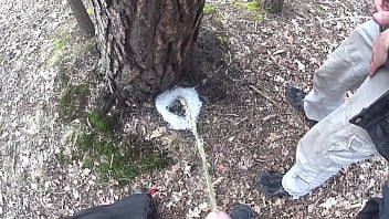 boys pissing together a big foamy puddle at a tree