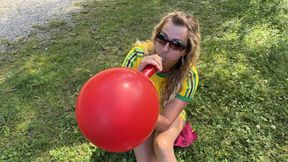 Evil-Lyn blows 2 pop and stomps 2 pop two 24inch Balloons in the Alps