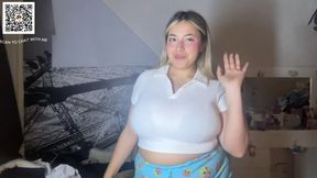 American girl with E cup tries on tops