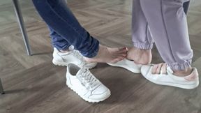 2 lesbian meet in the cafe and footsie under the table