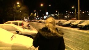 Sexy horny blonde sucks his cock outdoor in POV