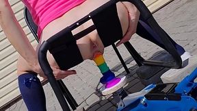 Petite Stepsister Breaks Rainbow Dildo Mounted On Car Jack Outside