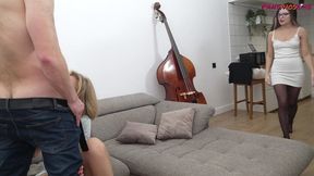 girlfriend comes home and catches bf with mature woman gets horny and joins in