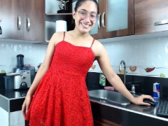 Nerdy Asian tranny in a sexy red dress flashes her nice cock